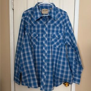 Wrangler Western Pearl Snap Shirt Blue White Plaid
